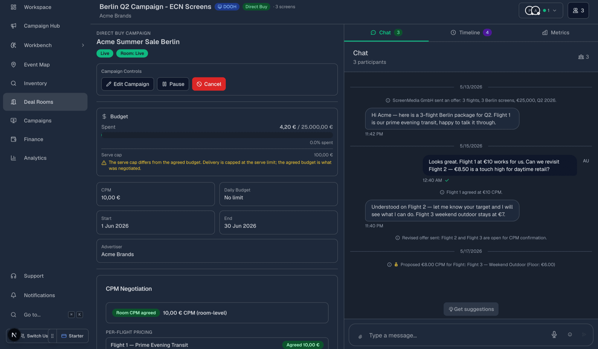 DoohDeal deal room showing a direct-buy campaign with CPM negotiation, budget and live chat