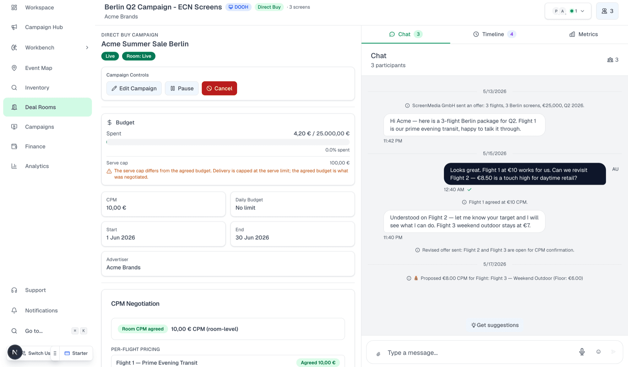 DoohDeal deal room showing a direct-buy campaign with CPM negotiation, budget and live chat