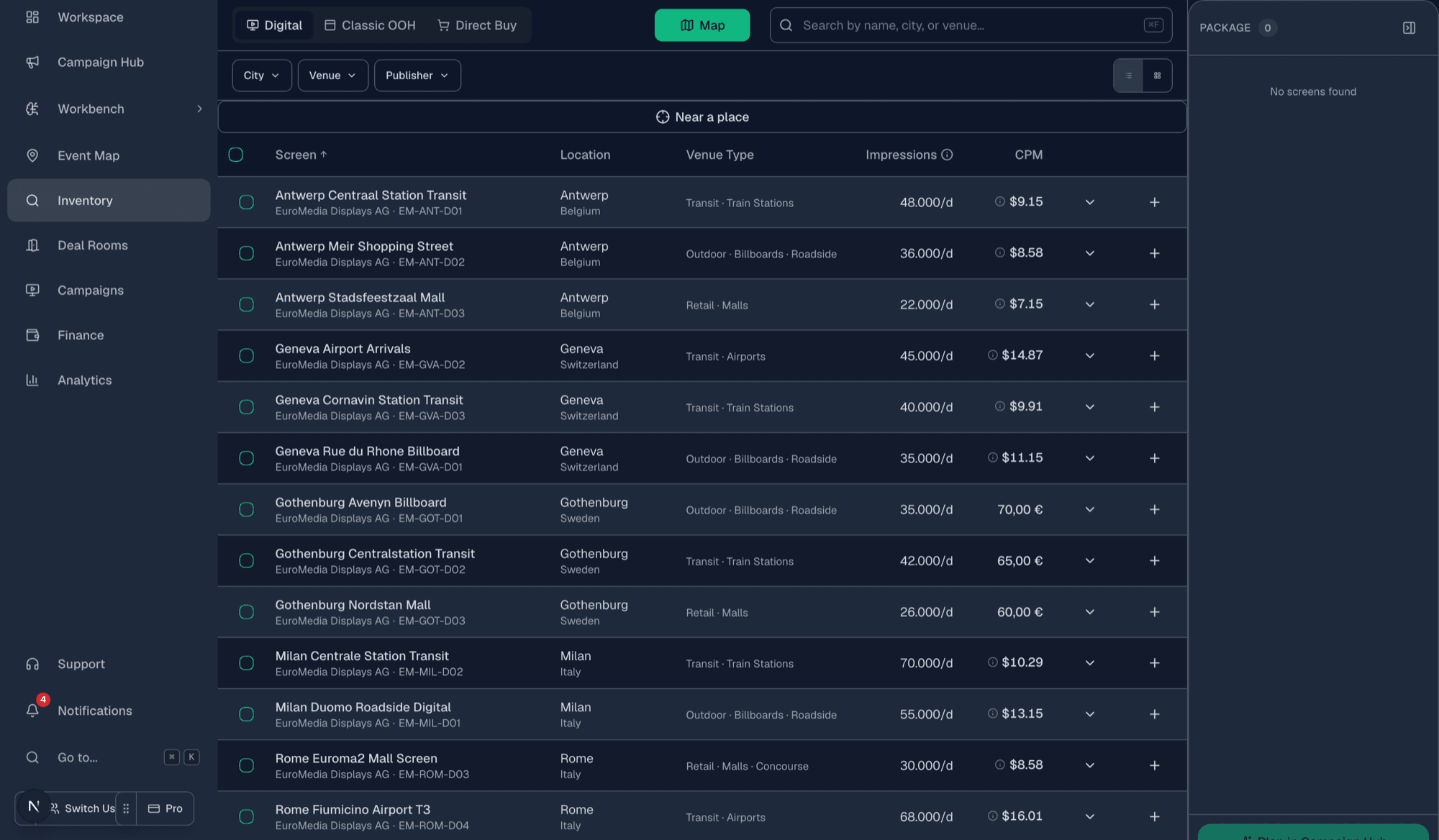 DoohDeal inventory search listing digital screens across European cities with daily impressions and CPM prices