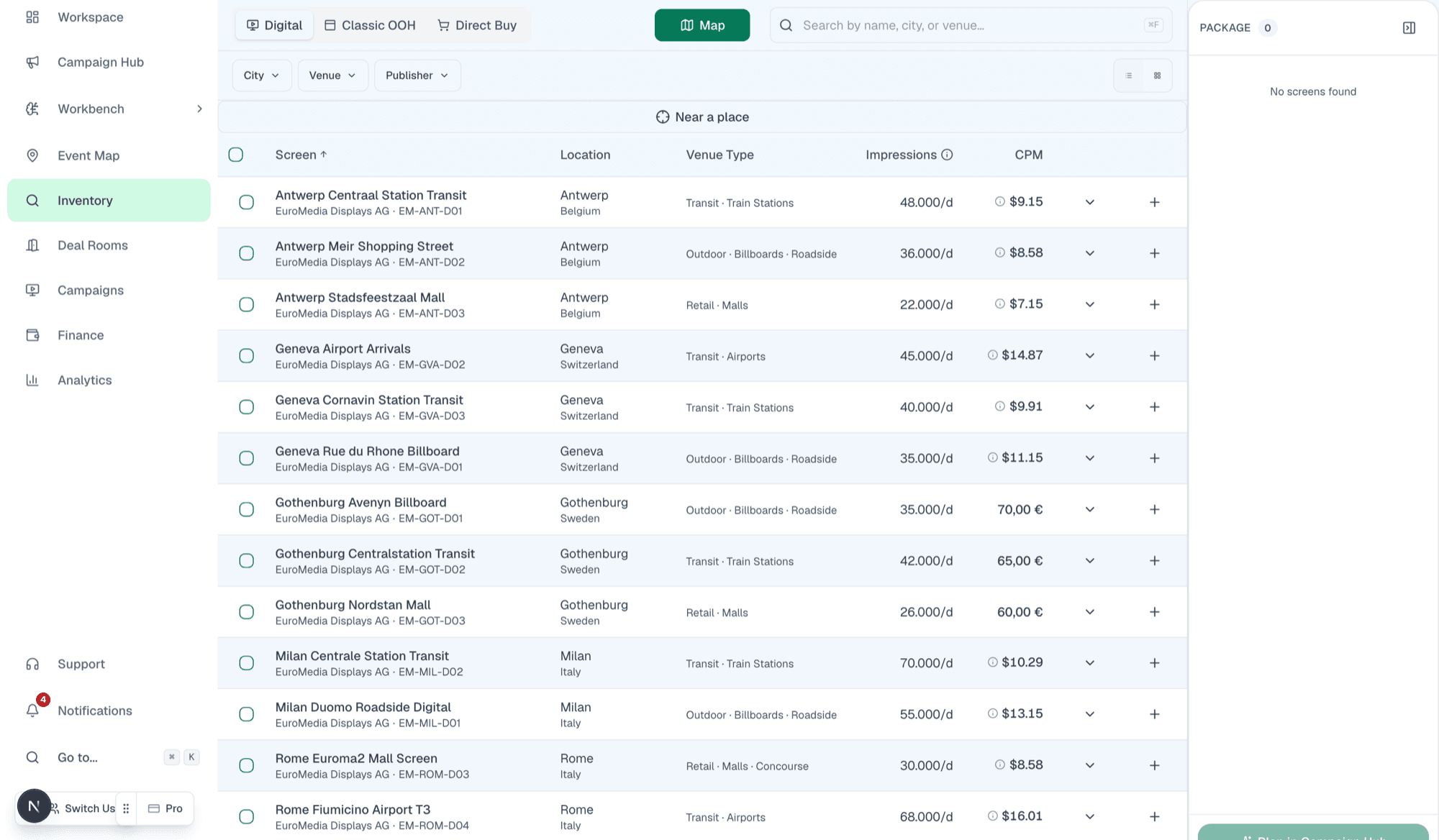 DoohDeal inventory search listing digital screens across European cities with daily impressions and CPM prices